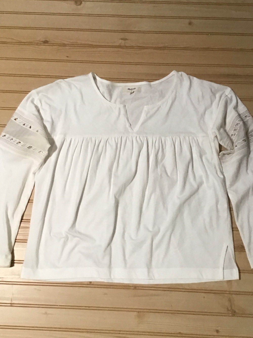 Madewell White Long-Sleeve Cotton Peasant Babydoll Blouse Silk Lace Sleeve